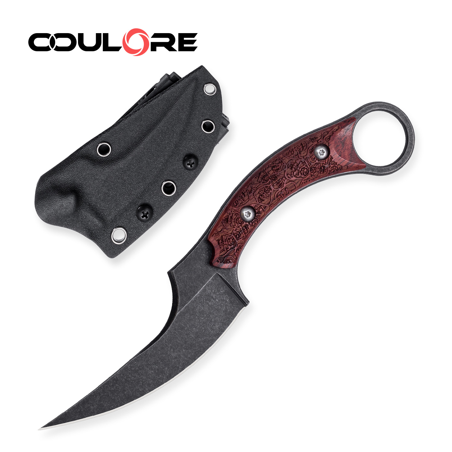 OOULORE Flame Blade Fixed Blade Knife Burgundy Carved handle (3.94