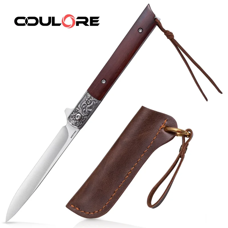 OOULORE Free Wolf Flipper Knife Small Pocket Folding Knife Padauk Wood Handle (3.55" Satin D2 Blade) OF125