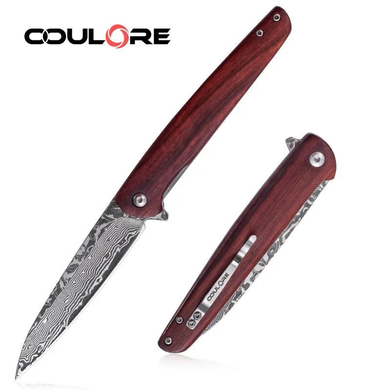 OOULORE Sanctioner Flipper Knife Padauk Wood Handle (3.74" Black Hand Rubbed Damascus Blade) OF166