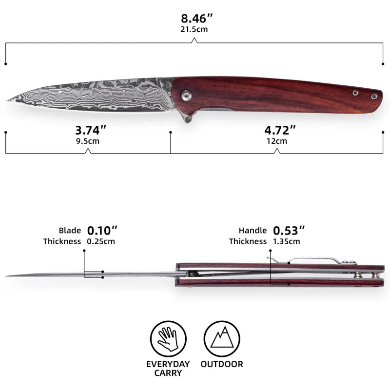 OOULORE Sanctioner Flipper Knife Padauk Wood Handle (3.74" Black Hand Rubbed Damascus Blade) OF166 - Image 2