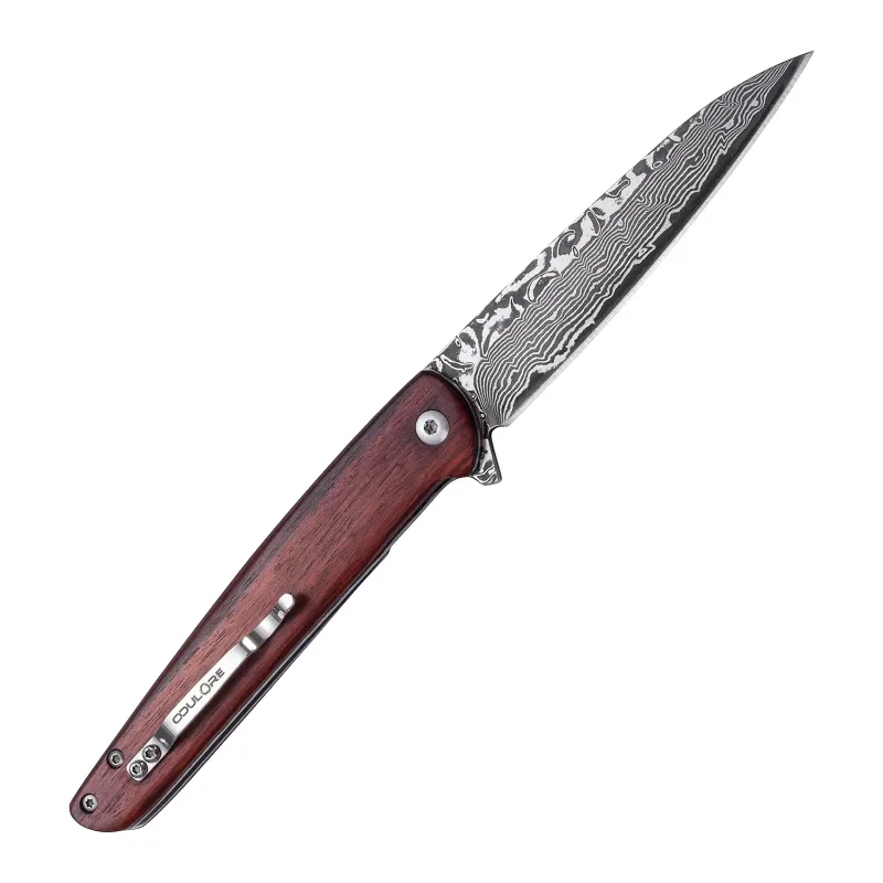 OOULORE Sanctioner Flipper Knife Padauk Wood Handle (3.74" Black Hand Rubbed Damascus Blade) OF166 - Image 3