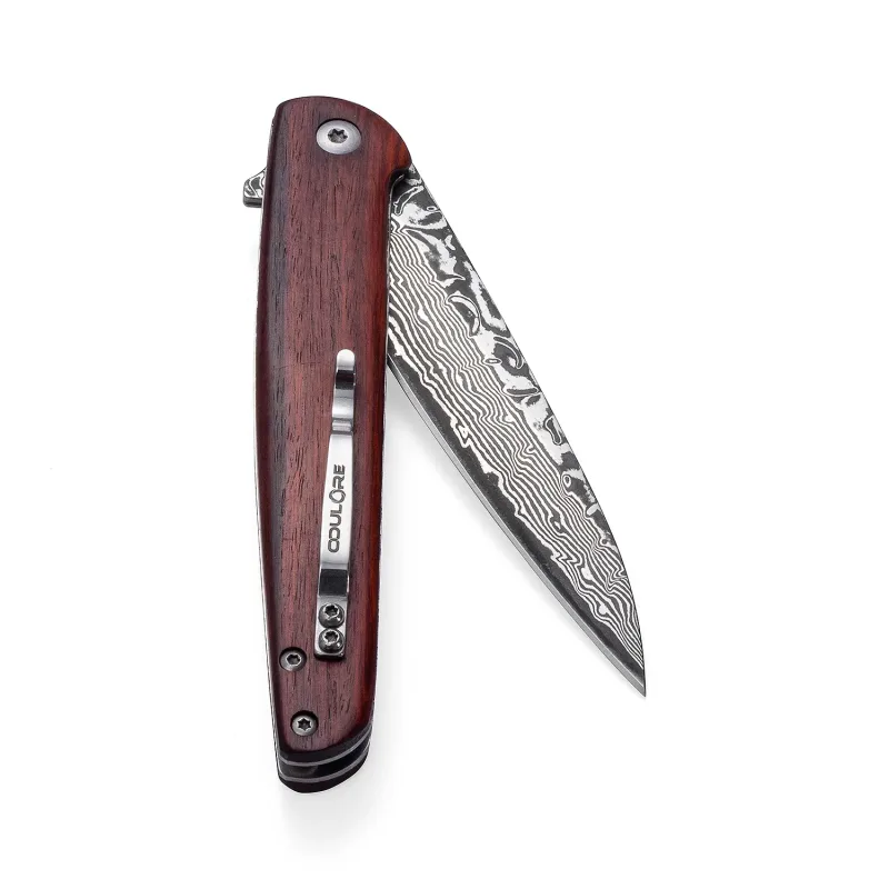 OOULORE Sanctioner Flipper Knife Padauk Wood Handle (3.74" Black Hand Rubbed Damascus Blade) OF166 - Image 5