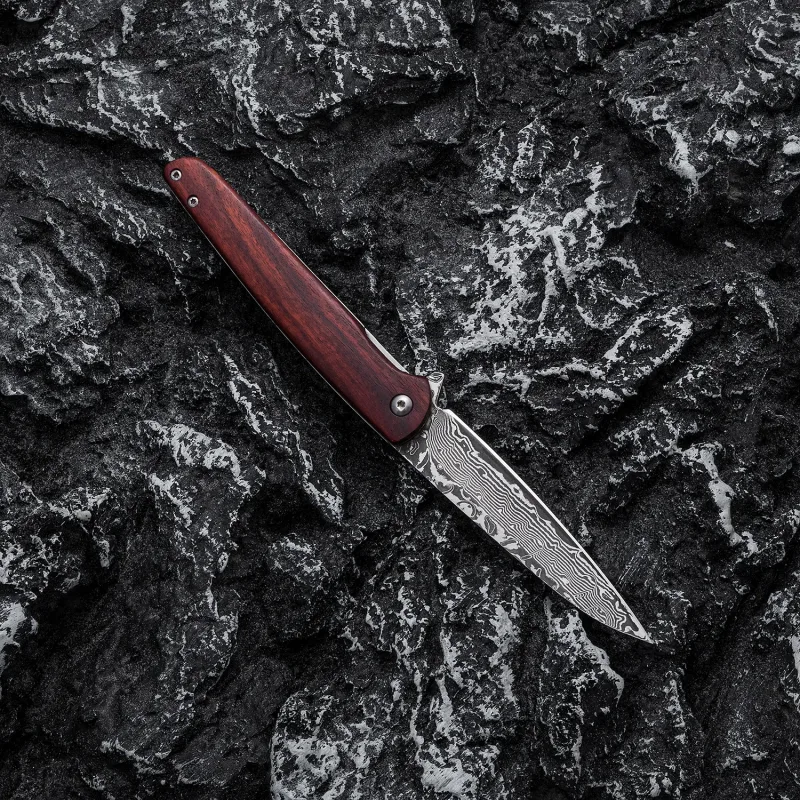 OOULORE Sanctioner Flipper Knife Padauk Wood Handle (3.74" Black Hand Rubbed Damascus Blade) OF166 - Image 6