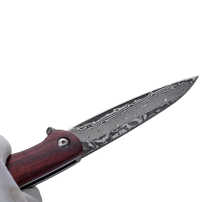 OOULORE Sanctioner Flipper Knife Padauk Wood Handle (3.74" Black Hand Rubbed Damascus Blade) OF166 - Image 8