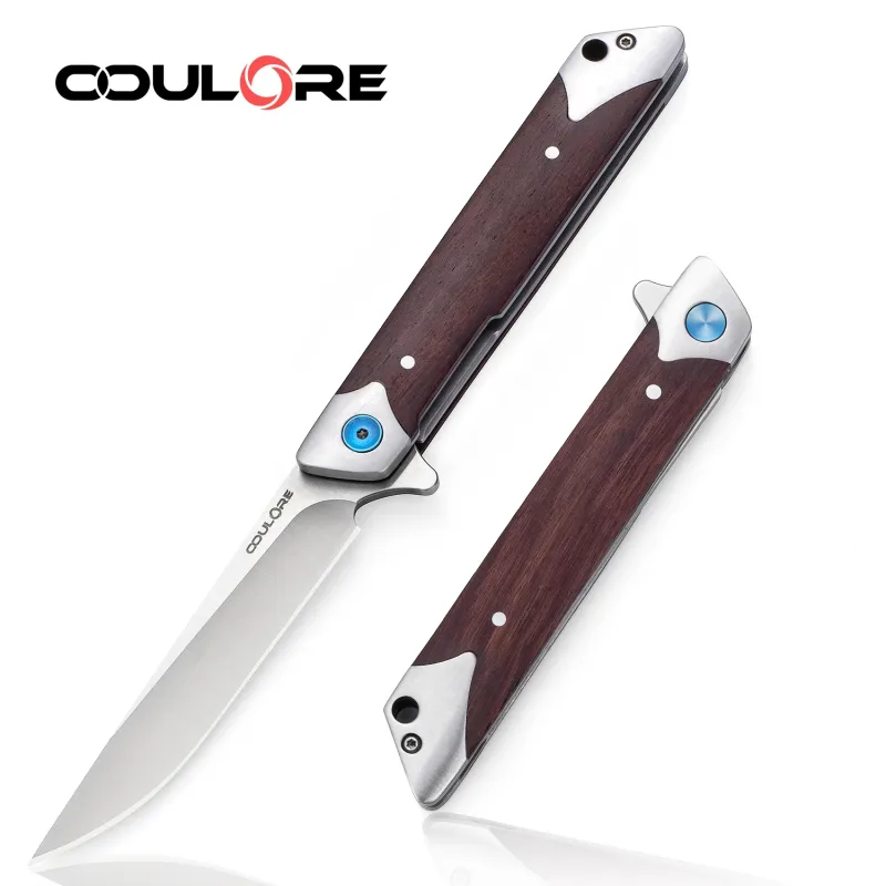 OOULORE Flying fish Flipper Knife Folding Knife Padauk Wood Handle (3.74" Satin 8CR13MoV Blade) OF44